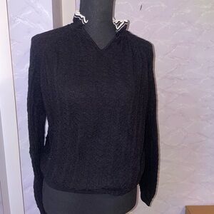 Maje Black V-Neck Sweater with Ruffled Trim